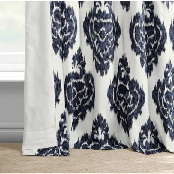 Exclusive Fabrics Ikat Blue Cotton Curtains 2 Panel Room Darkening 50" x 96" EUC - Picture 2 of 10